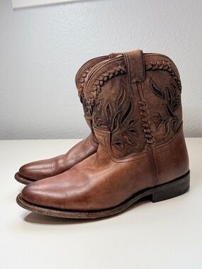 Frye Western Ankle Cowboy Boots Brown Leather Braided Pull On Wyatt Womens 7 B